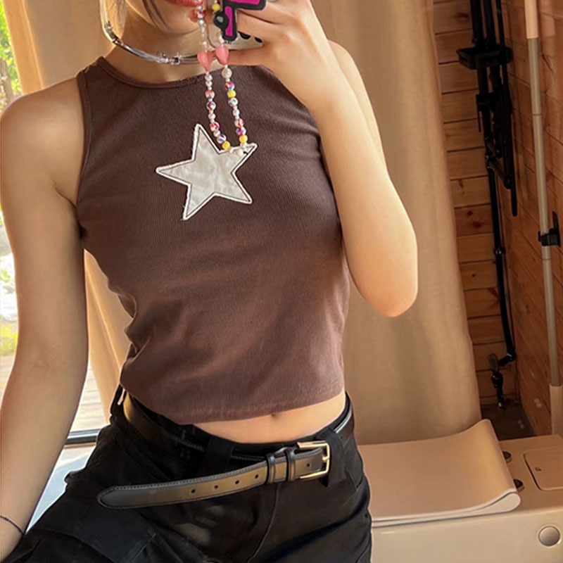 Women's Tanks Camis High Street Harajuku Retro Alphabet Stars Fashion Goth Print O Neck Short Sleeve crop Top Short Navel Sexy Top Women Y2K clot