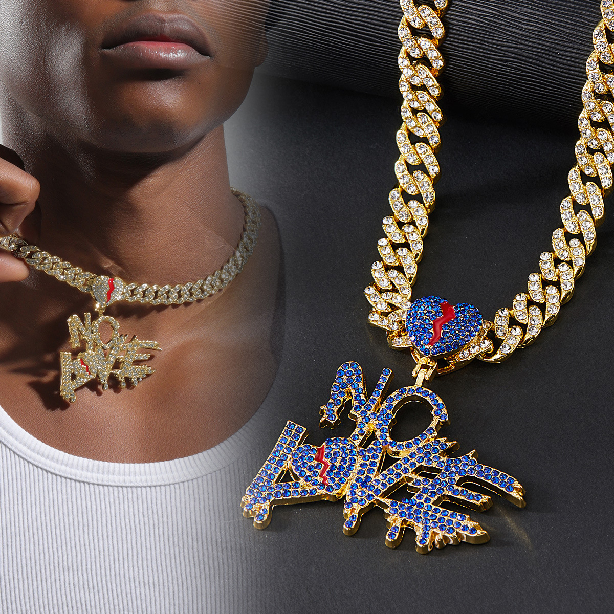 Hiphop Crystal NO LOVE Pendant Necklaces Men Women Iced Out Cuban Miami Chains Silver Gold Jewelry Diamond Hip Hop Crystal N030