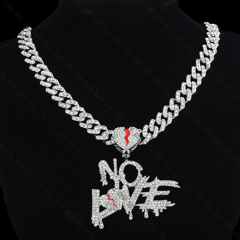 Hiphop Crystal NO LOVE Pendant Necklaces Men Women Iced Out Cuban Miami Chains Silver Gold Jewelry Diamond Hip Hop Crystal N030