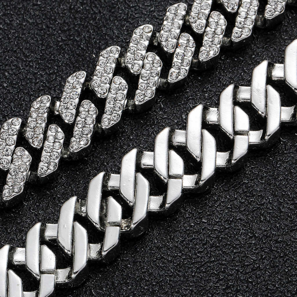 Necklace Hip Hop 12mm Bar Cuban Link Chain Necklace for Men and Women Rose Gold Plated Full Diamond Alloy Shiny Rhinestone Iced Out Wolf Tide Miami Ra