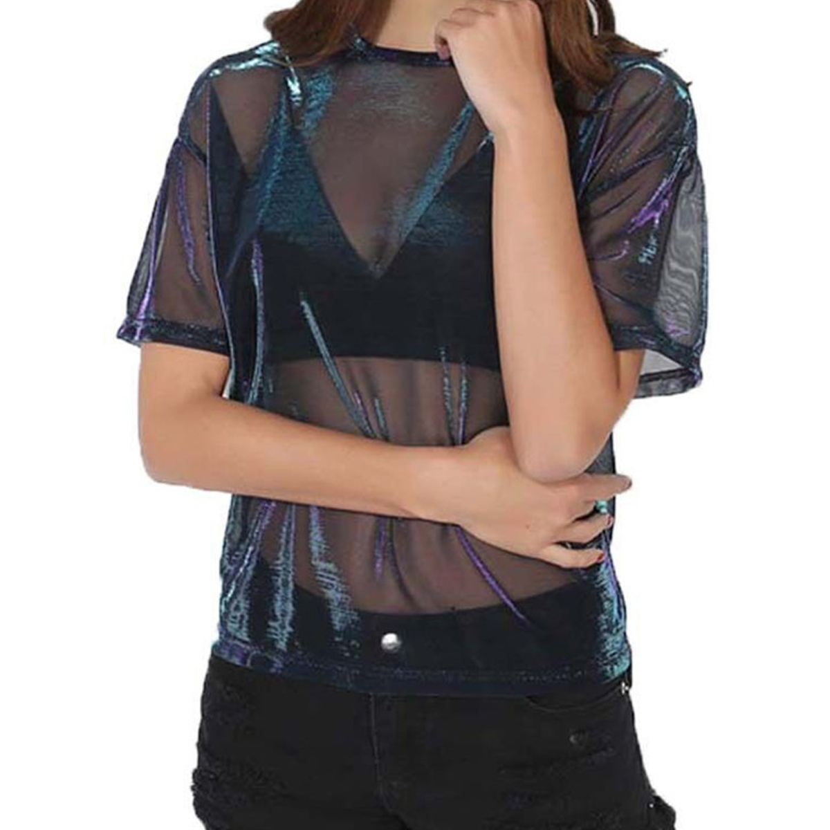 Designer Fashion Girls Transparent Round Neck Short Sleeve See Through Women T-shirt