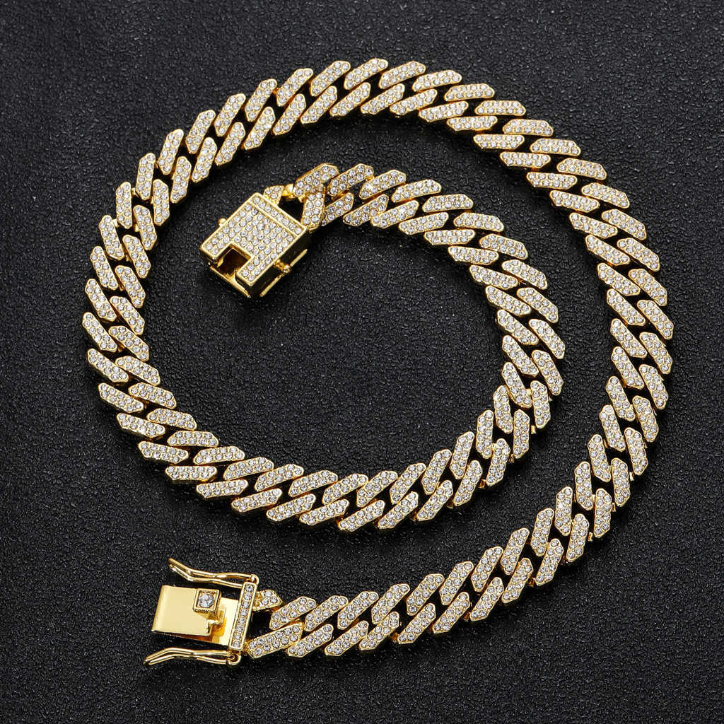 Necklace Hip Hop 12mm Bar Cuban Link Chain Necklace for Men and Women Rose Gold Plated Full Diamond Alloy Shiny Rhinestone Iced Out Wolf Tide Miami Ra