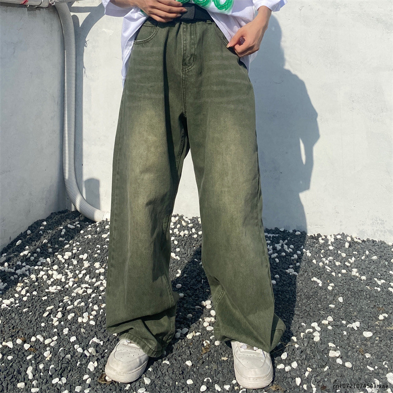 Mens Jeans Spring Green Baggy Distressed Vintage Denim Trousers Male Wide Leg Pants Men Streetwear Retro Oversize Casual Hip Hop 230706