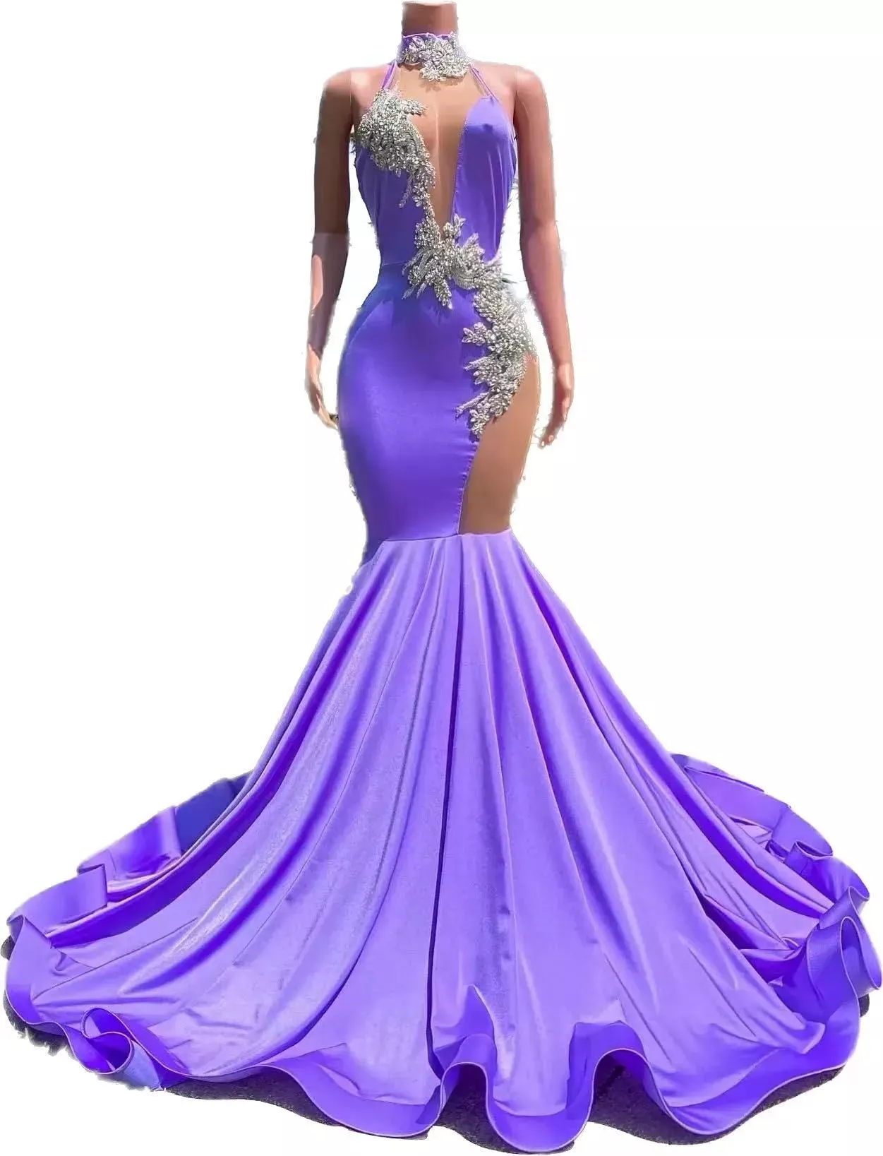 Crystal Purple Mermaid Prom Dresses Halter Backless Long Evening Dress Black Girls Beaded Party Wear Robe Soiree Vestidos De Noche Abaya Bc15309