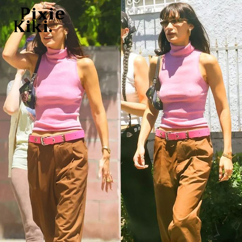 Women's Tanks Camis PixieKiki Y2k Girls Pink Rib Knit Top Turtleneck Sleeveless T Shirts Streetwear Women Cute Sexy Cropped Tank Tops P71-AE14 23