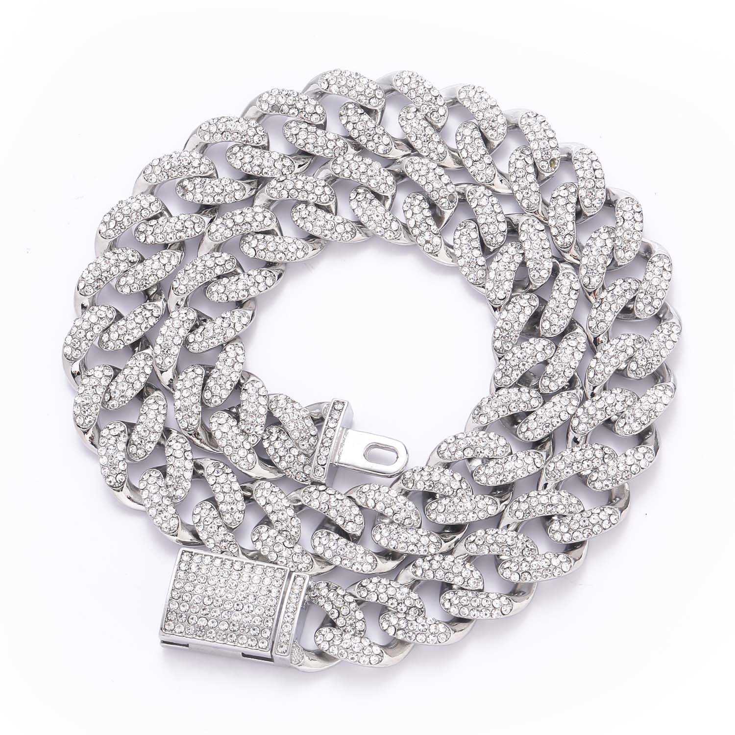 New in Hip Hop 15mm Three Row Diamond Cuban Chain Necklace Full Personality Trendsetter Men's Collar Rose Gold Iced Rhinestone Curb Chains Collie