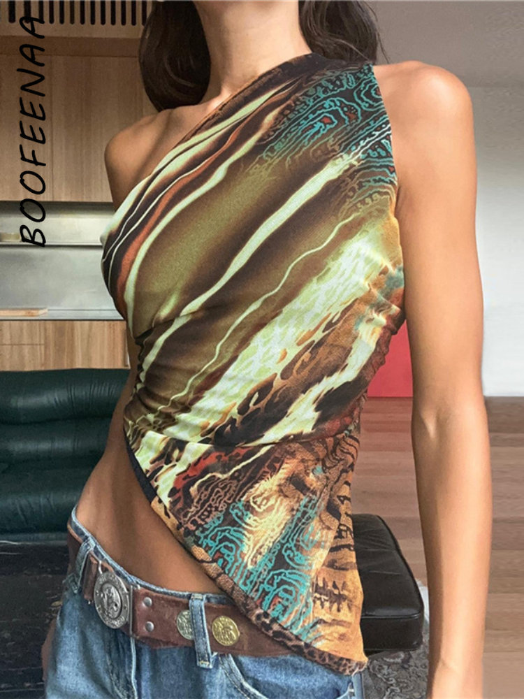 Women's Tanks Camis BOOFEENAA Abstract Print Tank Tops Y2k Tees Summer Clothing for Women Trendy Sexy Asymmetric One Shoulder Crop Top C83-AF11 2