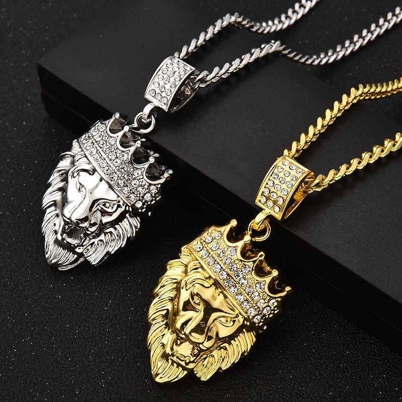 18k Real Gold Diamond Lion With Crown Head Hip Hop Pendant Necklace Hiphop Yellow Iced Out 5A Cubic Zirconia Gemstone Wolf Tide Jewelry Gifts For Men 