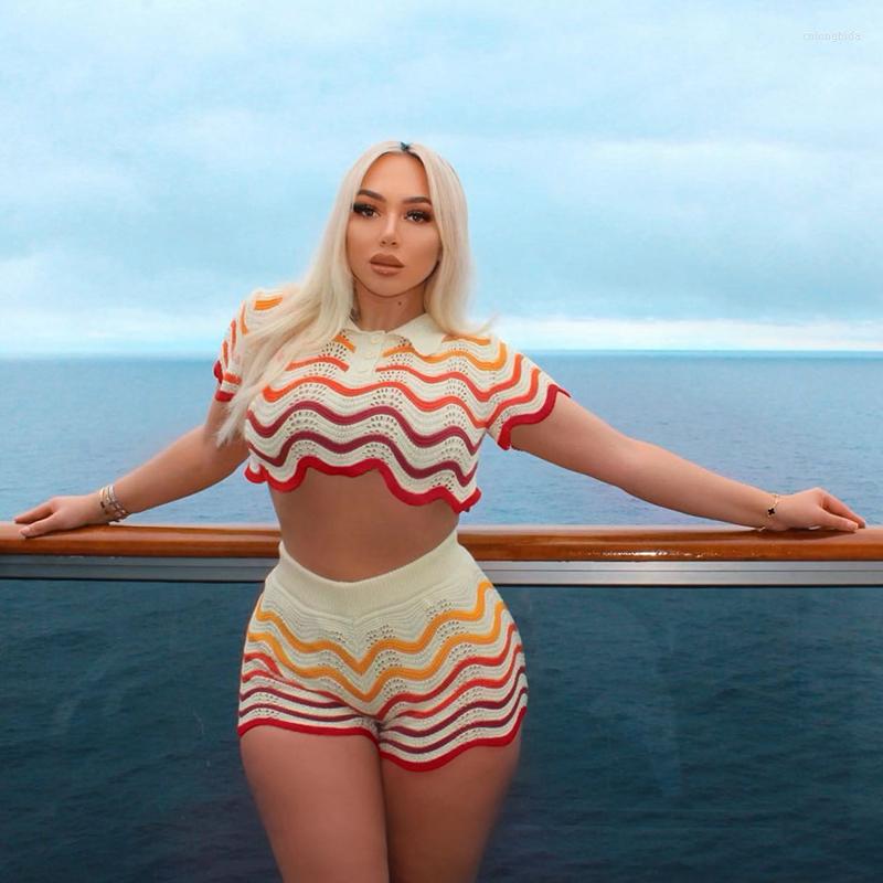 Womens Tracksuits Women Wave Print 2 Piece Set Colorful Knit Stretch Thin Button Crop Tops Shorts Matching Tracksuit Streetwear Outfits