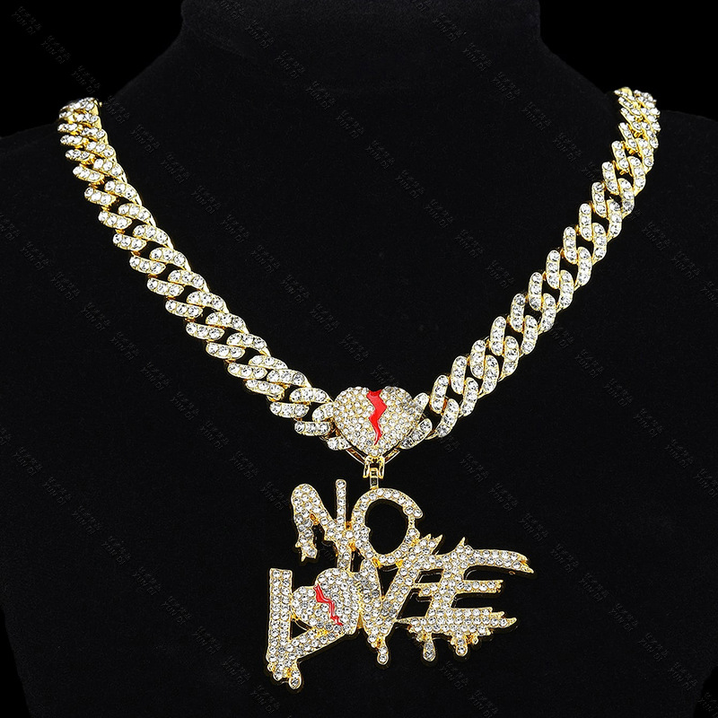 Hiphop Crystal NO LOVE Pendant Necklaces Men Women Iced Out Cuban Miami Chains Silver Gold Jewelry Diamond Hip Hop Crystal N030