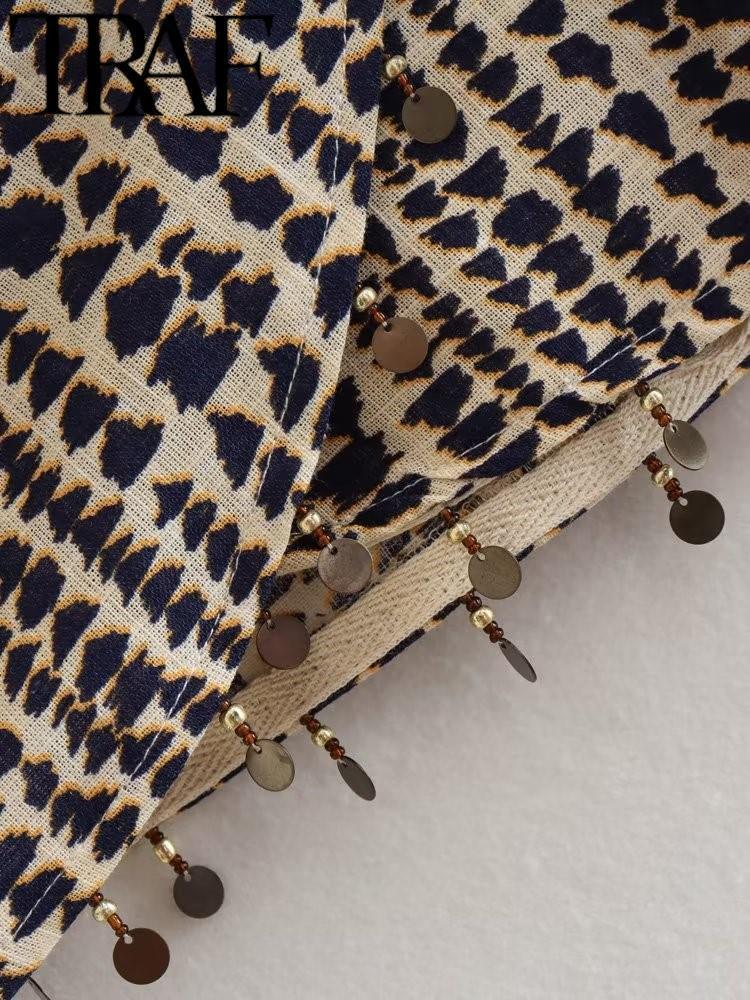 Skirts TRAF Summer Vintage Printed Women Mini Skirt Tassels Hem A-Line Zipper Back High Waisted Female Wrap Tied Side Skirt 230707