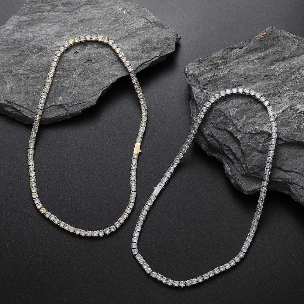 3mm 4mm 5mm Hip Hop Cubic Zircon Single Row Necklace Smooth Spring Buckle Tennis Chains White Gold Bling Cz stone Chain Wolf Tide Rapper Jewelry Bijou