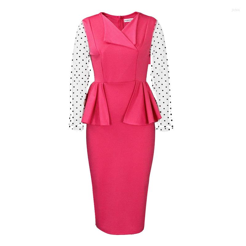 Casual Dresses 2024 Temperament Tongle Regular Sleeve Mesh Splice V-neck Ruffle Pencil Skirt Zipper Style Urban Elegant