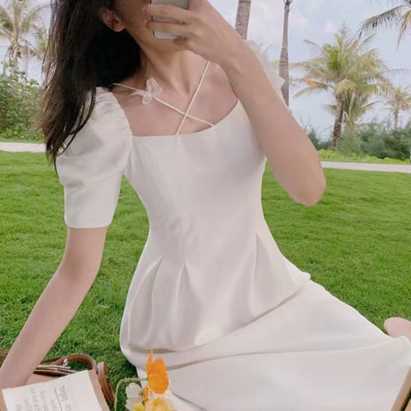 Urban Sexy Dresses Summer Square Neck A-line Chiffon White Dress Women Casual Slim Puff Sleeve Dating Dress Fashion Solid Holiday Fairy Dress 27696 23
