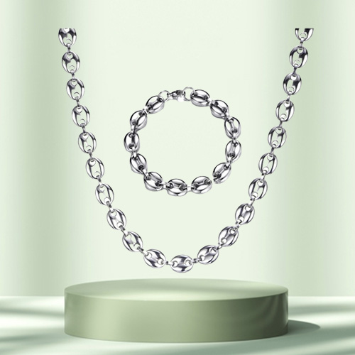 Men039s Necklaces Coffee Beans Chain Bracelets Set Stainless Steel 11CM Gold Silver Link Chains Hiphop Jewelry300l