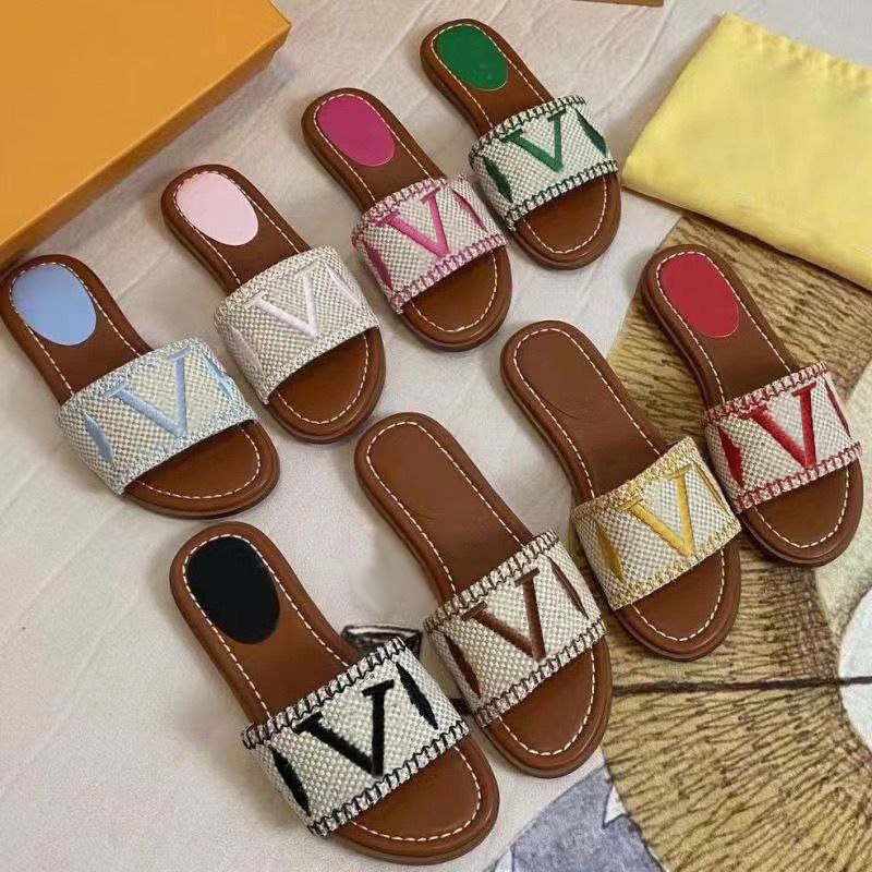 2023 Designer Embroidered Fabric Slides Slippers Black Beige Multicolor Embroidery Mules Womens Home Flip Flops Casual Sandals Summer Leather Flat Rubber Slide