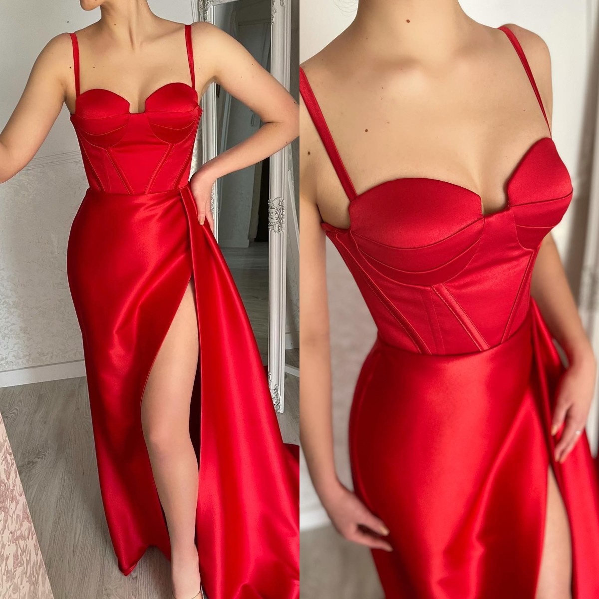 Prom Sexy Red Dresses Spaghetti Satin Evening Gowns Pleats Slit Formal Long Special Ocn Party Dress 6660306