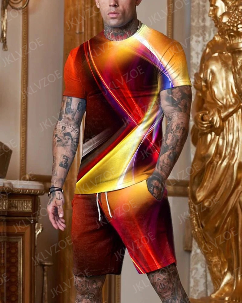 Men's Tracksuits Summer Fashion Men Suit Tshirt Shorts 2 Piece Sets Tracksuit Men's Oversized Clothes Vintage Streetwear Stripes 3D Printe 2