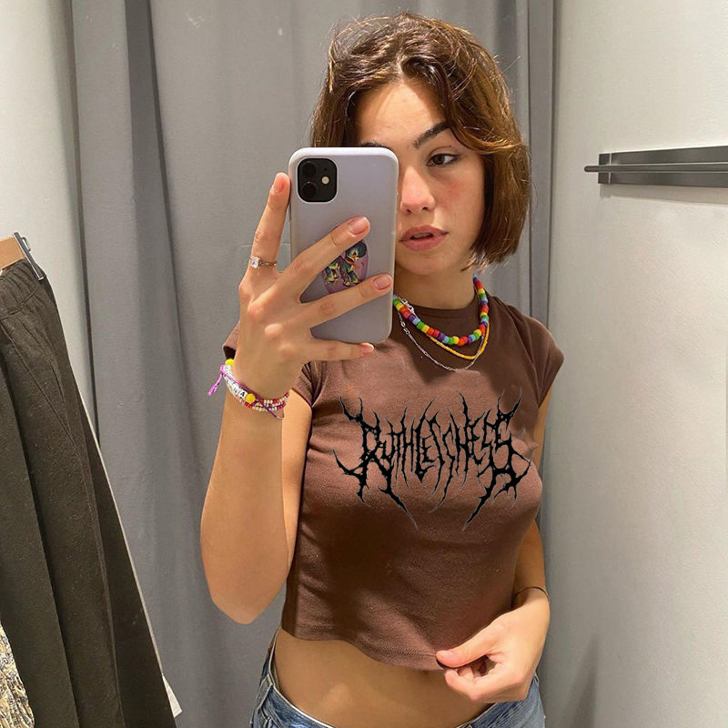Womens TShirt Y2k Crop top Harajuku brown tshirt female Sexy anime Goth print spring and summer fashion Tshirt women Tops 230707