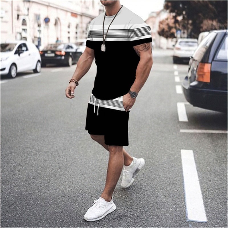 Mens Tracksuits Gradient Stripe 3d Print Summer Men Set Oneck T ShirtsShorts 2 Piece Tshirts Oversize Clothing Mans Harajuku Woman Tops 230707