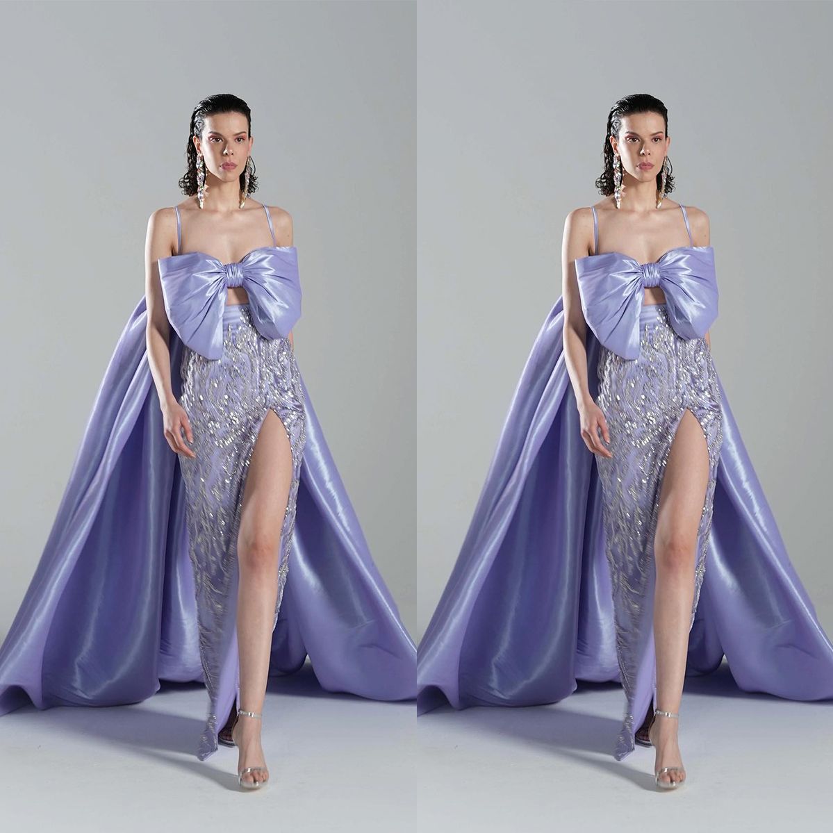 Graceful Spaghetti Straps Mermaid Evening Dresses Sexy Big Bow Prom Dress With Cloak Side Split Floor Length Formal Party Gowns