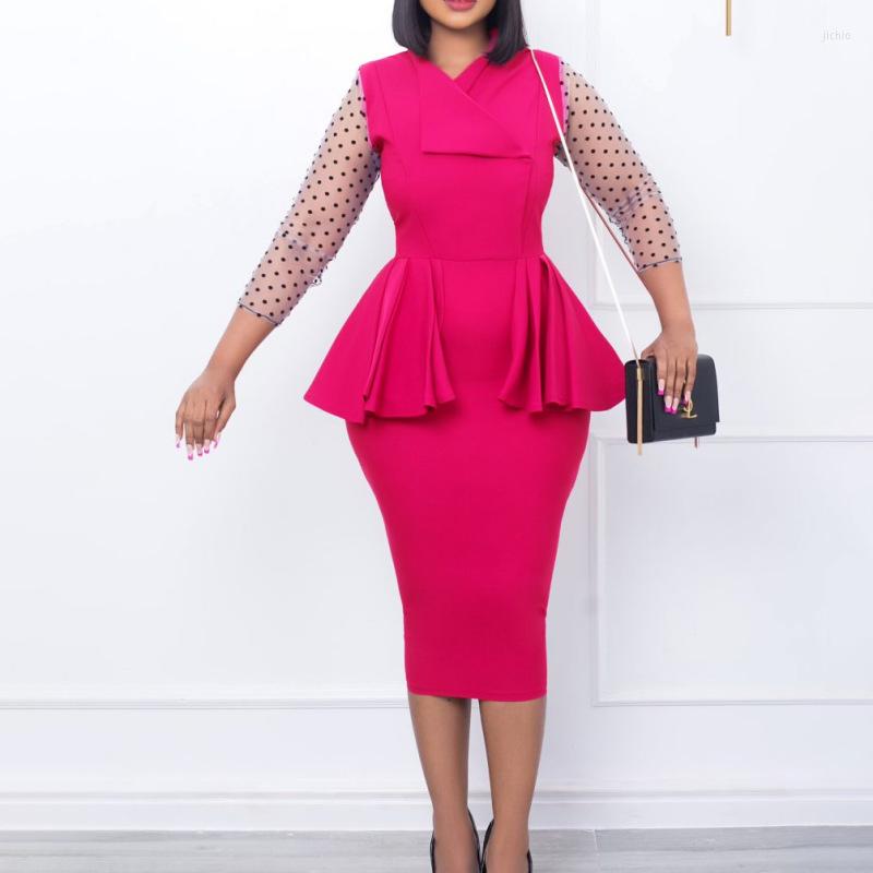 Casual Dresses 2024 Temperament Tongle Regular Sleeve Mesh Splice V-neck Ruffle Pencil Skirt Zipper Style Urban Elegant