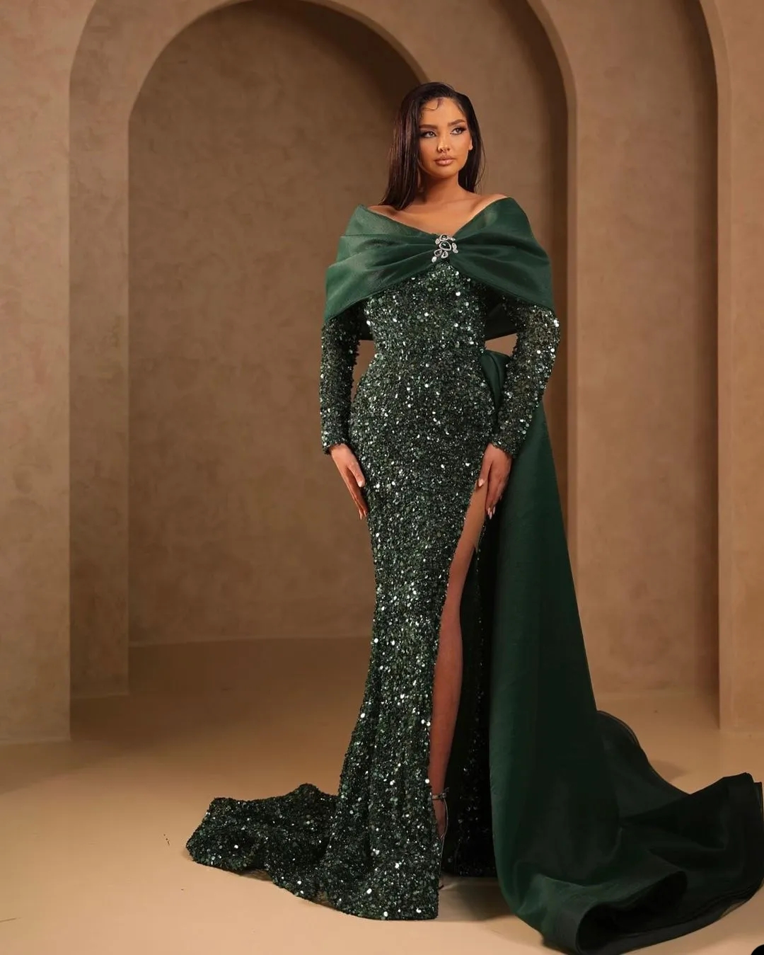 Hunter Green Party Celebrity Side High Split Evening Dresses Sexy Sequined Prom Gown Dubai Arabic Robe De Soiree