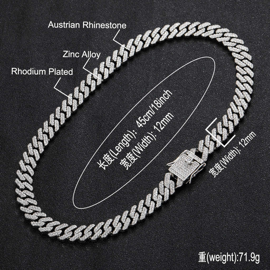Necklace Hip Hop 12mm Bar Cuban Link Chain Necklace for Men and Women Rose Gold Plated Full Diamond Alloy Shiny Rhinestone Iced Out Wolf Tide Miami Ra