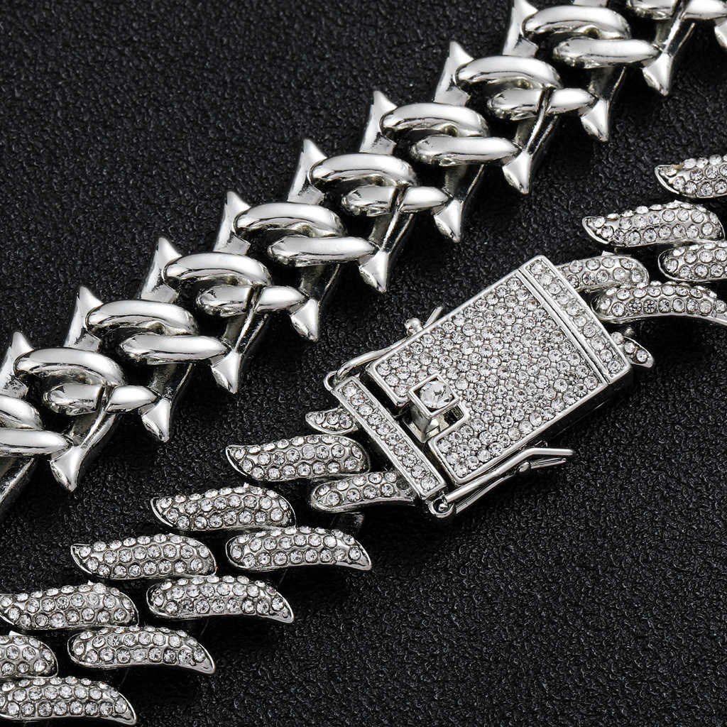 Gzw Jewelry Men's Cuban Link chain Necklace Hip Hop Thorn Cube 19mm Rhinestone Bling Spiked Cz Stone Crystal 18K Gold Iced Out Curb Chains Colar 