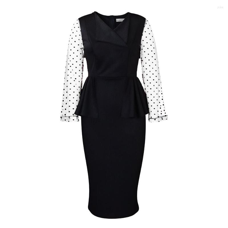 Casual Dresses 2024 Temperament Tongle Regular Sleeve Mesh Splice V-neck Ruffle Pencil Skirt Zipper Style Urban Elegant