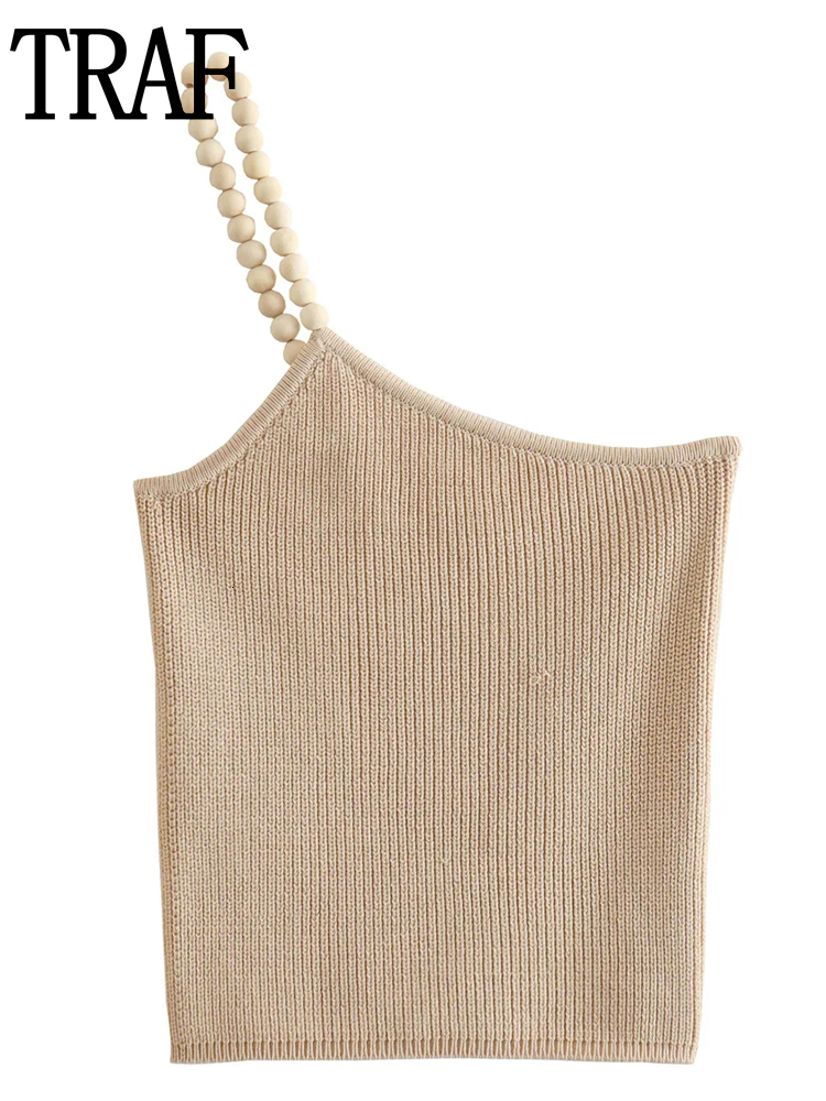 Women's Tanks Camis TRAF Beige Knit Crop Top Female One Shoulder Asymmetric Top Women Summer Sexy Backless Tank Tops Woman Y2K Streetwear 230706