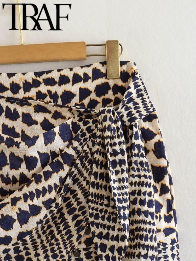 Skirts TRAF Summer Vintage Printed Women Mini Skirt Tassels Hem A-Line Zipper Back High Waisted Female Wrap Tied Side Skirt 230707