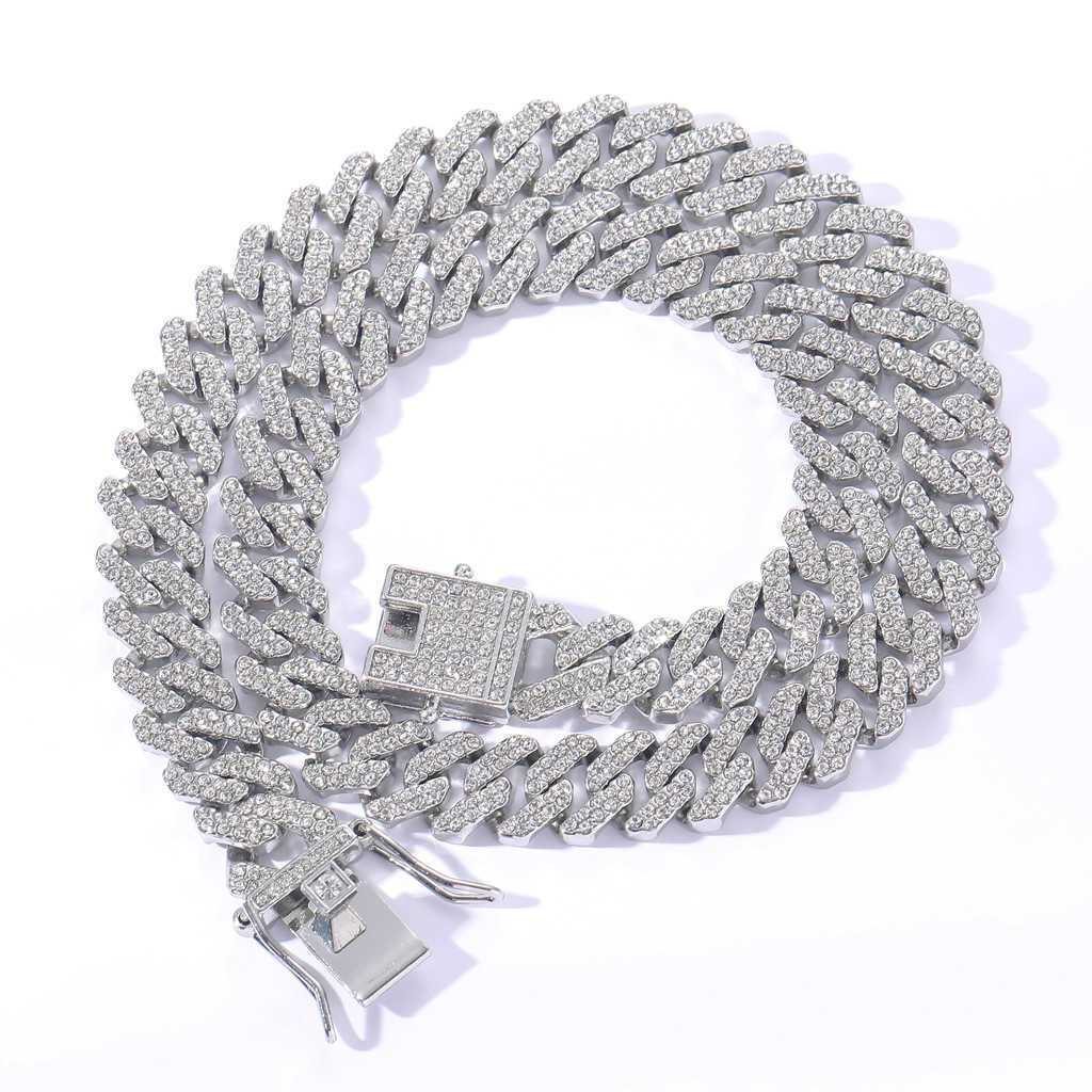 Necklace Hip Hop 12mm Bar Cuban Link Chain Necklace for Men and Women Rose Gold Plated Full Diamond Alloy Shiny Rhinestone Iced Out Wolf Tide Miami Ra