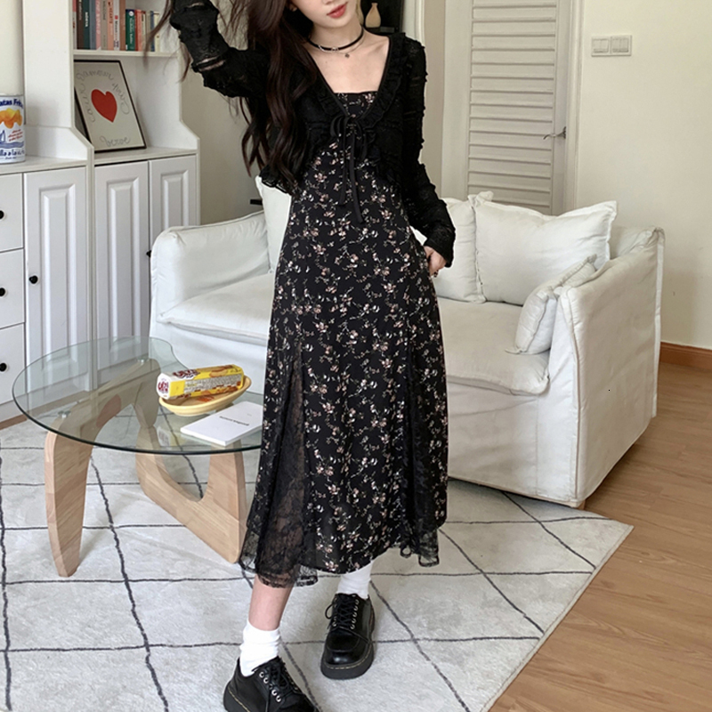 Urban Sexy Dresses Vintage Y2k Black Floral Dress Women Korean Style Mesh Irregular Spliced Hollow Lace Long Dress Summer Chiffon Fairy Dress 27729 23
