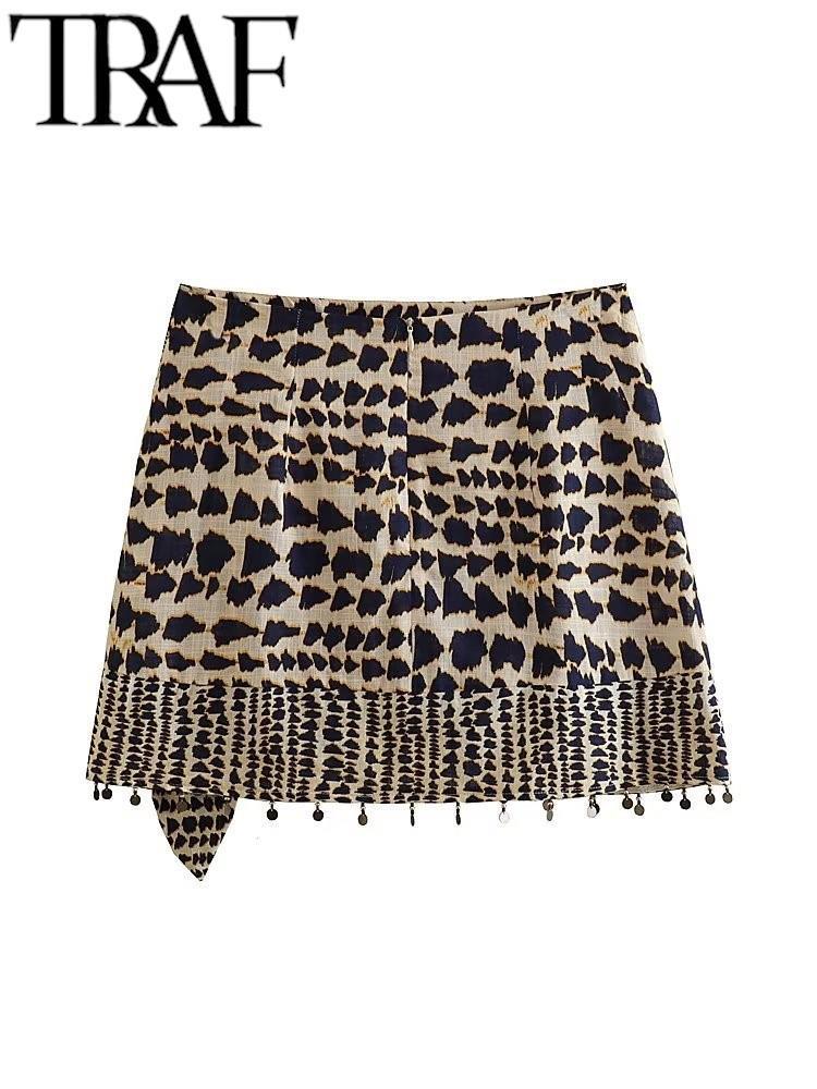 Skirts TRAF Summer Vintage Printed Women Mini Skirt Tassels Hem A-Line Zipper Back High Waisted Female Wrap Tied Side Skirt 230707