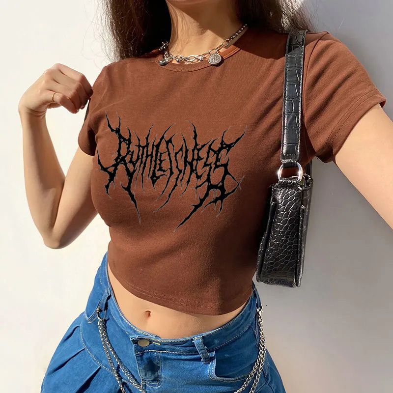 Womens TShirt Y2k Crop top Harajuku brown tshirt female Sexy anime Goth print spring and summer fashion Tshirt women Tops 230707