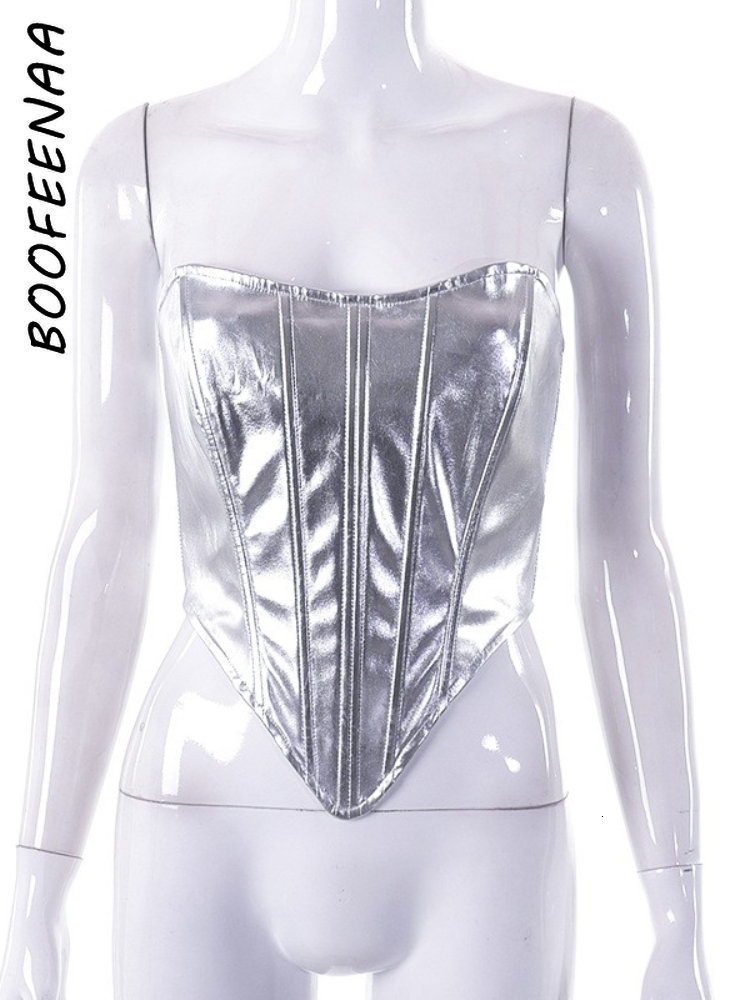Women's Tanks Camis BOOFEENAA Shiny Silver Busiters Corsets for Women Y2k Sexy Clubwear Metallic Tie Up Backless Crop Tank Tops Summer C85-DC13 2