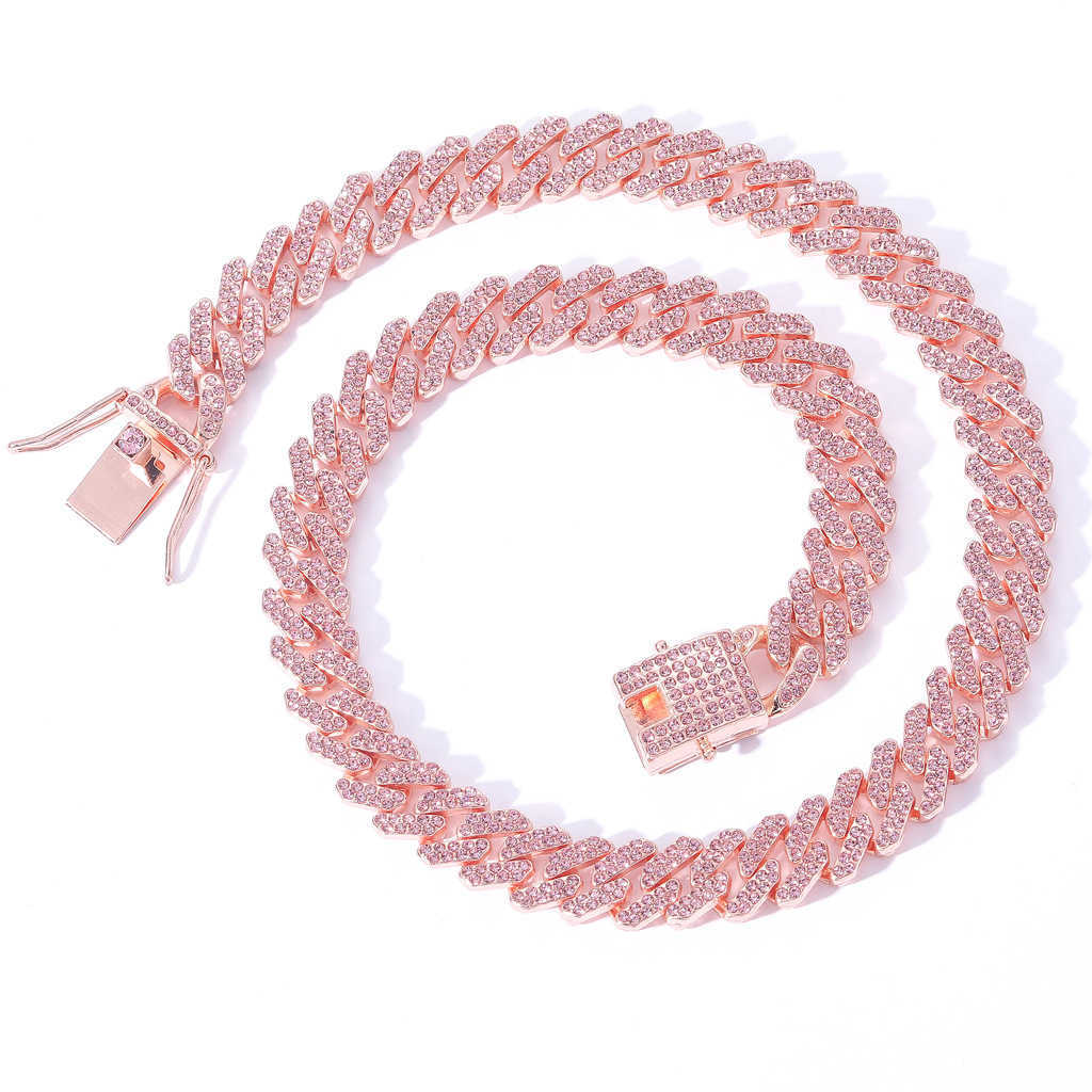 Necklace Hip Hop 12mm Bar Cuban Link Chain Necklace for Men and Women Rose Gold Plated Full Diamond Alloy Shiny Rhinestone Iced Out Wolf Tide Miami Ra