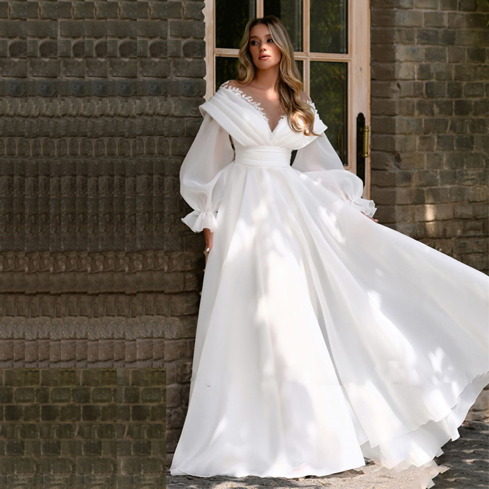 Modern Sheer Neck A Line Wedding Dresses Puffy Sleeve Bead Organza Bridal Gown Button Back Boho robe de mariee