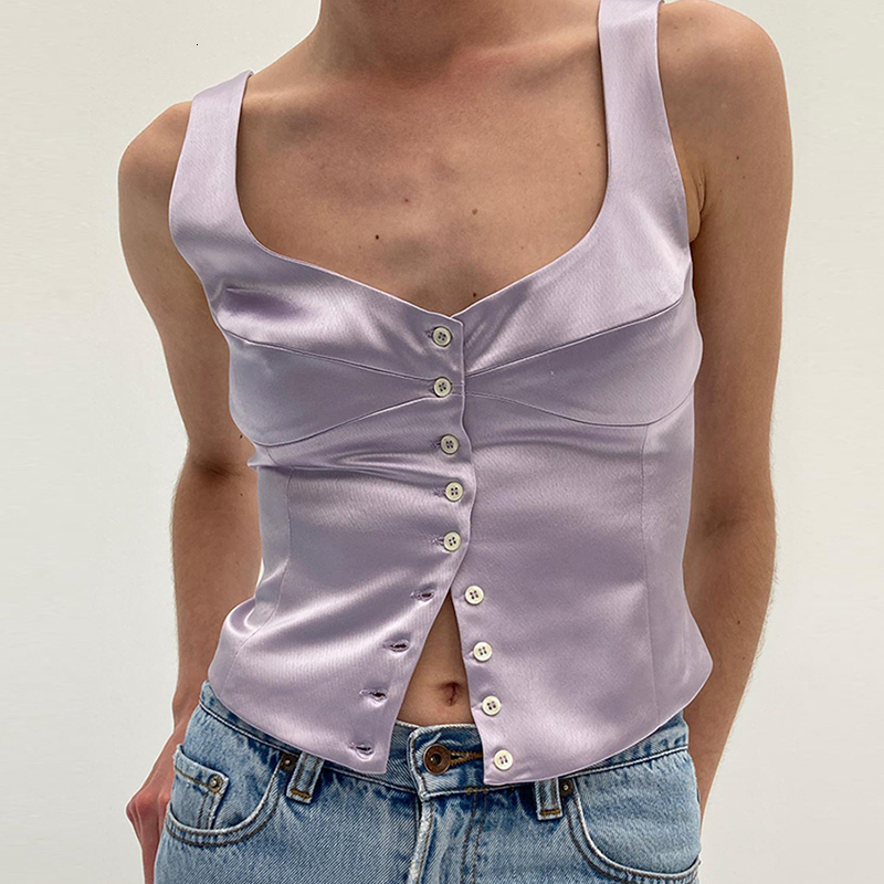 Women's Tanks Camis 90s Vintage Satin Button Up Tank Top Y2K Fairycore Grunge Milkmaid Top Chic Women Elegant Slim Fit Mini Vest Retro Crop Top 2