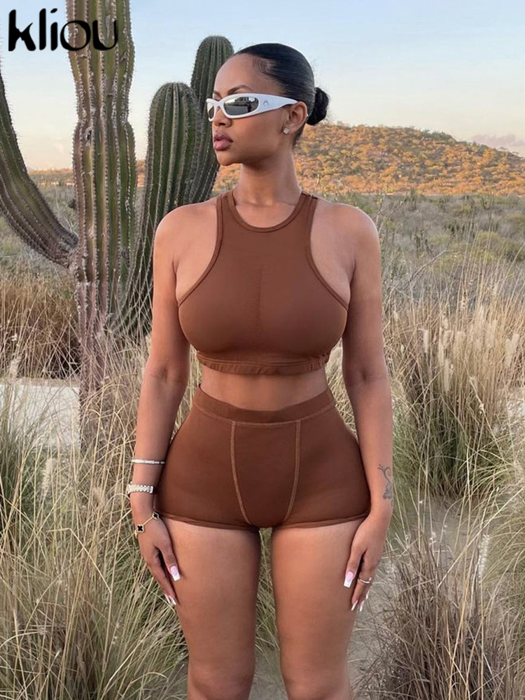 Women's Two Piece Pants Kliou Casual Sporty Style Two Piece Set Women Solid Off Shoulder Skinny Croped VestsHigh Elastic Waist Shorts Female Acti