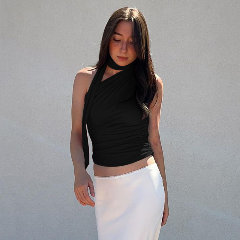 Women's Tanks Camis Cryptographic Irregular Halter Ribbon Sexy Backless Crop Tops for Women Summer Club Party Ruched Tank Top Y2K Sleeveless Eleg