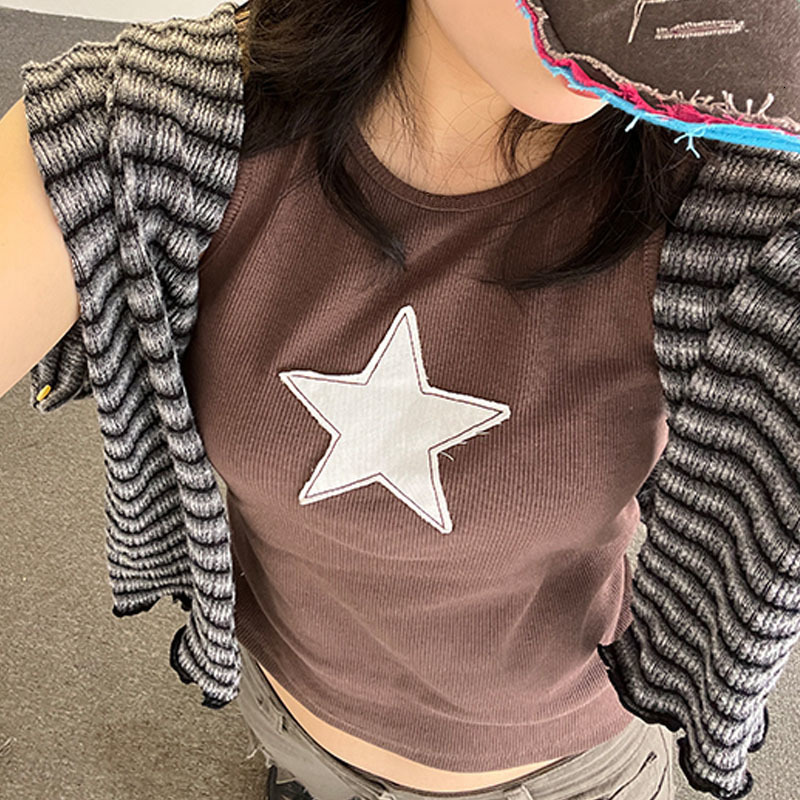 Women's Tanks Camis High Street Harajuku Retro Alphabet Stars Fashion Goth Print O Neck Short Sleeve crop Top Short Navel Sexy Top Women Y2K clot