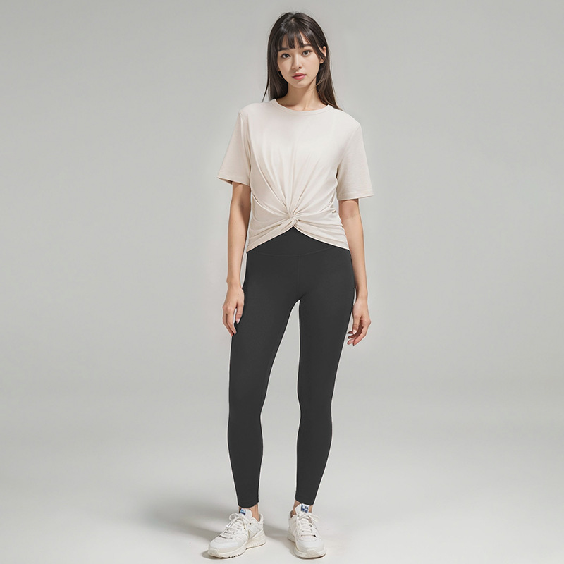 Womens Yoga T-shirt Summer Top Womens Round Collar Short Sleeve Elastic Breathable Sports Fitness Solid Color LE078