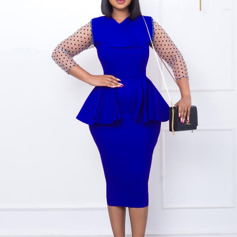Casual Dresses 2024 Temperament Tongle Regular Sleeve Mesh Splice V-neck Ruffle Pencil Skirt Zipper Style Urban Elegant