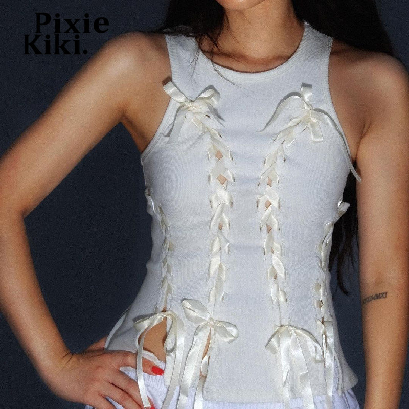 Women's Tanks Camis PixieKiki Y2k Fairy Aesthetic Bow Lace Up Hollow Out Ribbed Crop Tops White Summer Sexy Tank Top for Women Summer P33-BC10 23