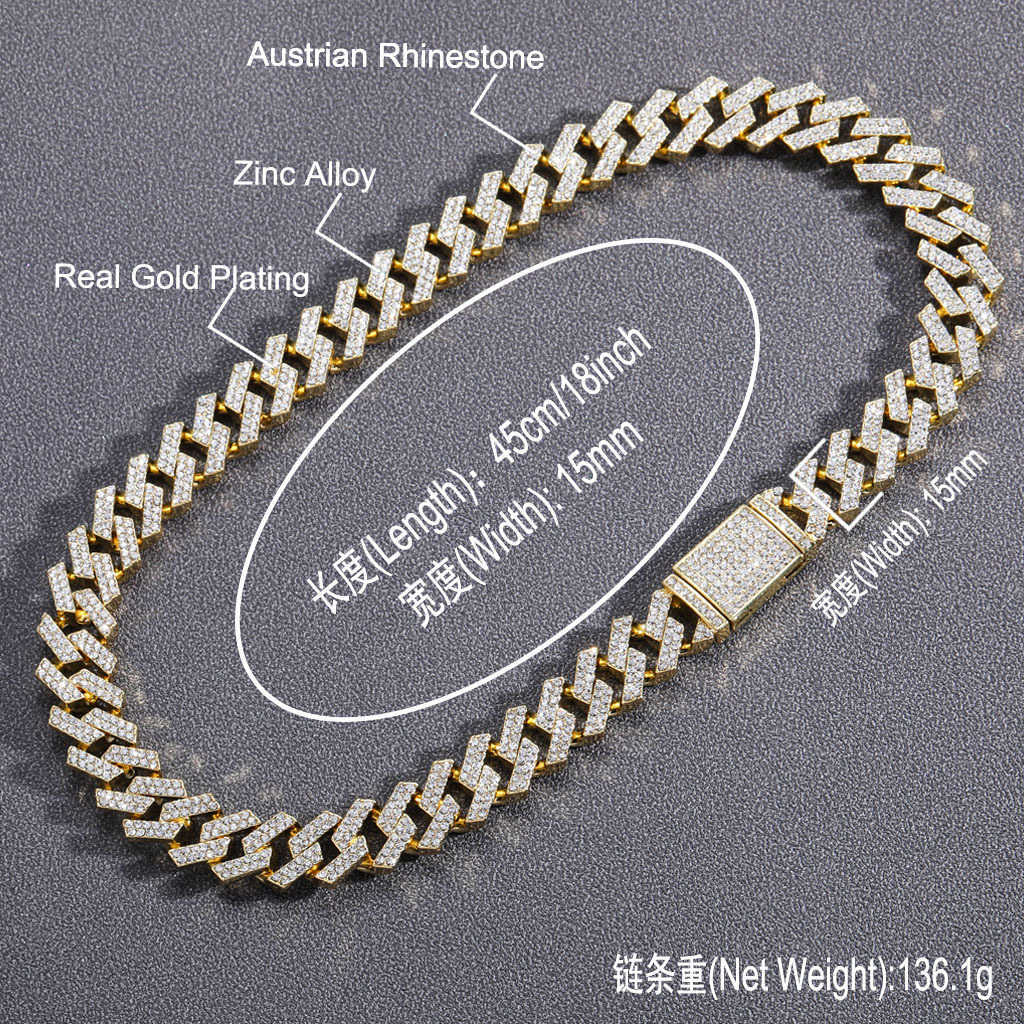Hip Hop 15mm Diamond Cuban Link Chain Necklace Alloy Men's Cool 18k Gold Crystal Bijoux 18K Plated Iced Out Stone Curb Chains Collar Miami Street
