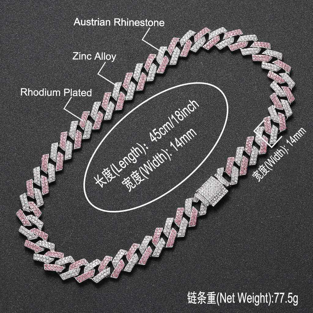 14mm Diamond Cuban Link Chain Bracelet / Necklace Popular Wolf Tide Jewelry Men's Pink Rhinestone Full Hip Hop 18K Gold Plated Bling Miami Curb C