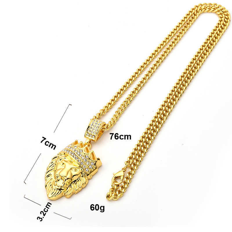 18k Real Gold Diamond Lion With Crown Head Hip Hop Pendant Necklace Hiphop Yellow Iced Out 5A Cubic Zirconia Gemstone Wolf Tide Jewelry Gifts For Men 