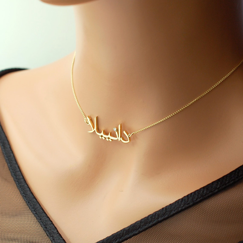 Pendant Necklaces Arabian Name Necklace with CZ Stone Personalized Custom Jewelry 18k Gold Arabic Dainty 230707